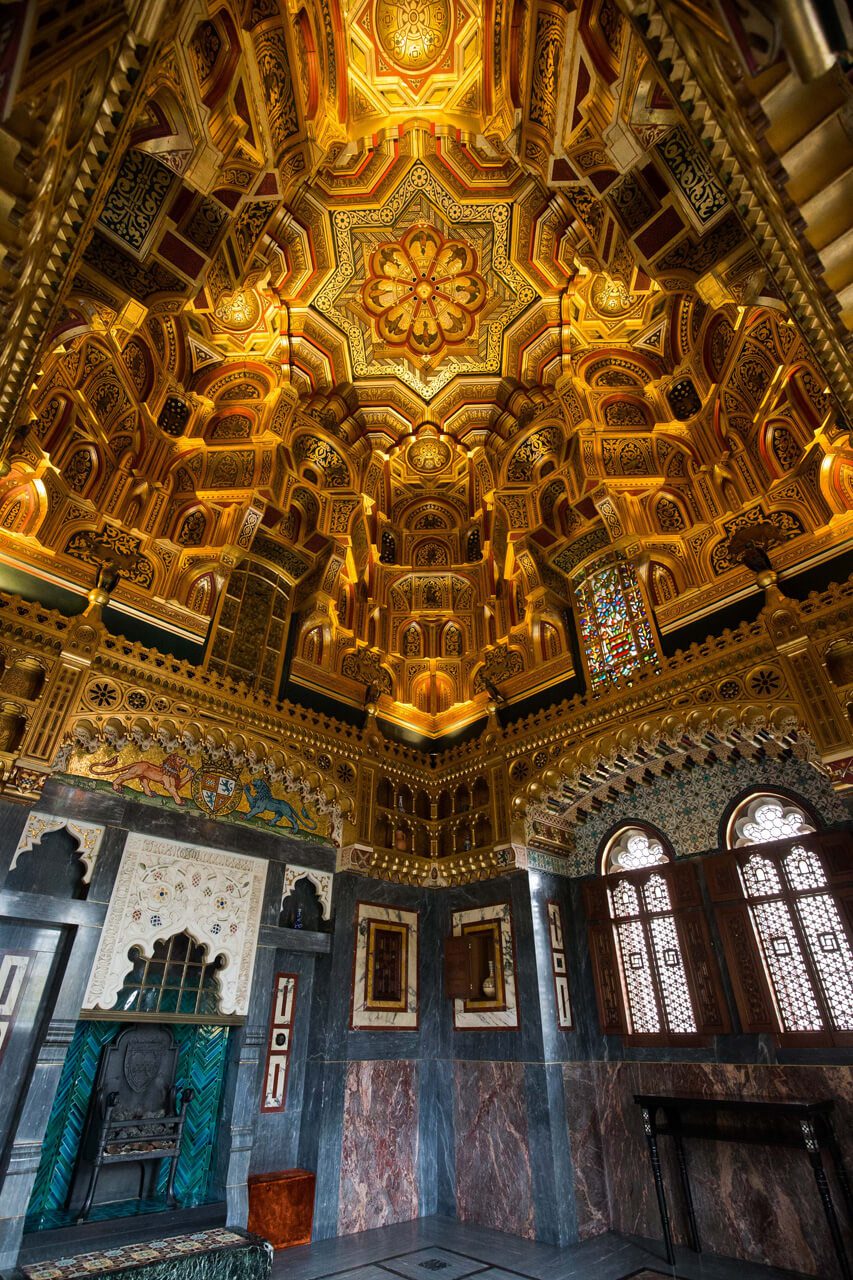 Image of the interior and gold ceiling of the Arab Room at Cardiff Castle