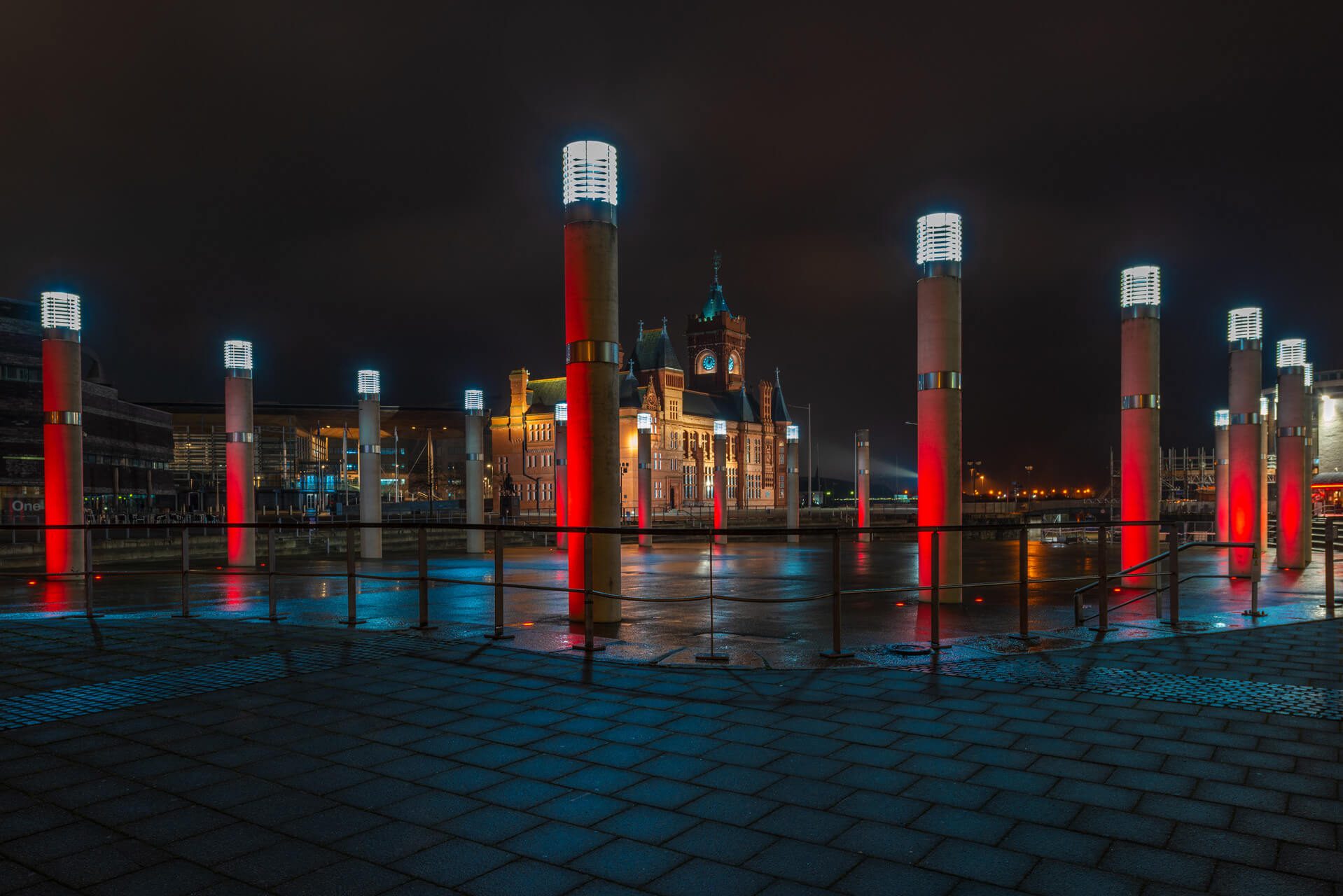 Image of Roald Dahl Plass illuminated at night